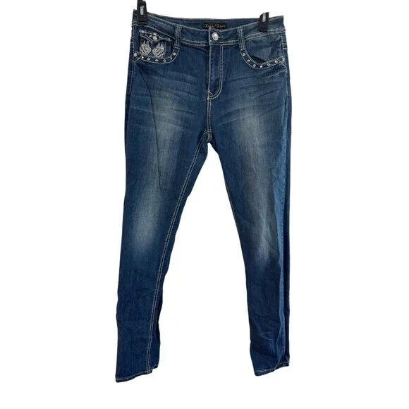 Liuces Womens Embellished Stretch Jeans Size 12 Blue Distressed Rhinestone Detai - Picture 2 of 9